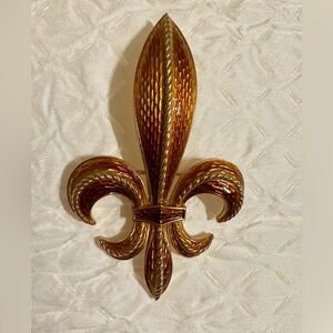 Vintage Trifari Fleur De Lis Brooch Gold Tone & Amber Citrine Enamel